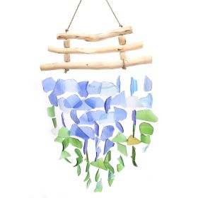 Handgefertigtes Windspiel aus Glas und Treibholz – Baumstab | Blau & Grün