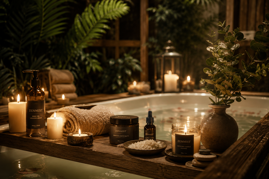 A calming spa-inspired evening bath ritual with botanical skincare products, soft candlelight, warm wooden details and peaceful wellness atmosphere by Zenmist