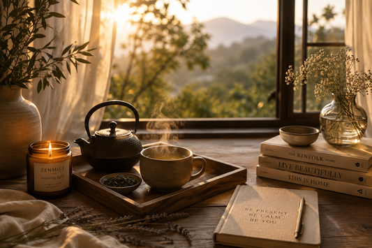 Morning wellness ritual scene with steaming tea, candlelight, journaling notebook, and soft sunrise light creating a calm and mindful atmosphere.