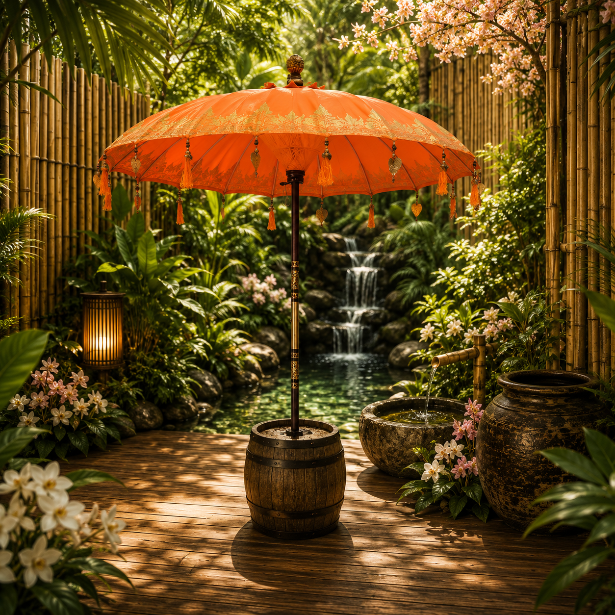 Bali Terrassen-Sonnenschirm - Baumwolle - Orange Dekor - 2m