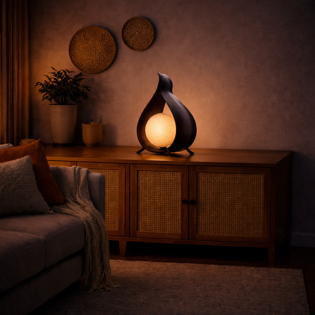 Coconut Leaf Table Lamp – Natural Handcrafted Design Chocolate Wrapover