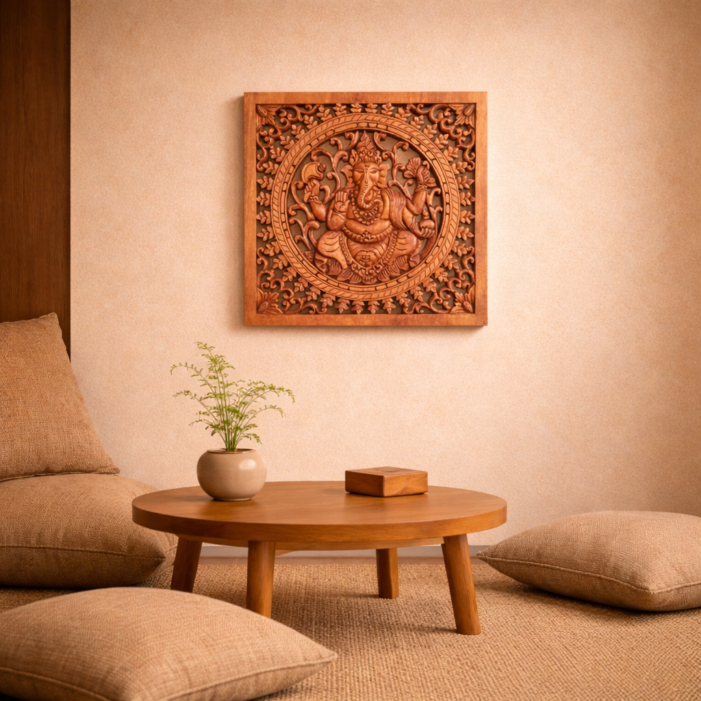 Quadratisches dekoratives Buddha-Ganesh-Paneel aus Holz