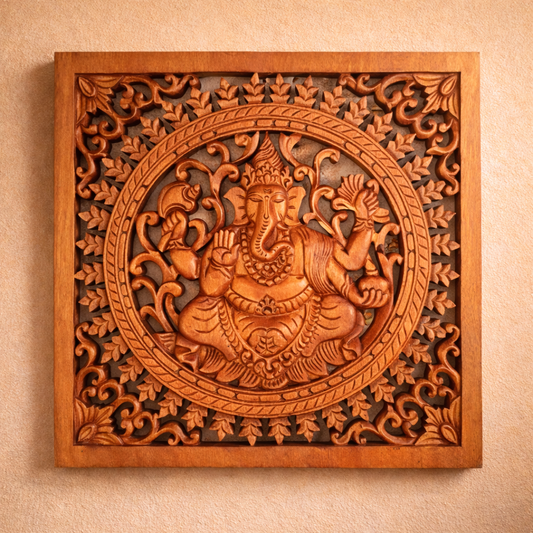 Square Decorative Wooden Buddha Ganesh Panel