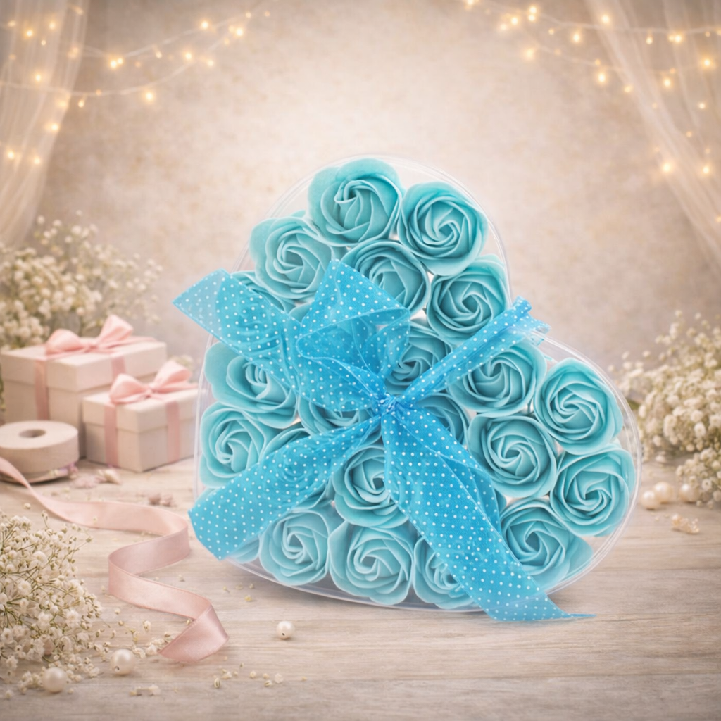 Set of 24 Soap Flower Heart Box - Blue Roses