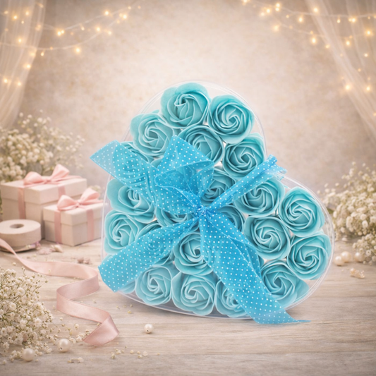 Set of 24 Soap Flower Heart Box - Blue Roses