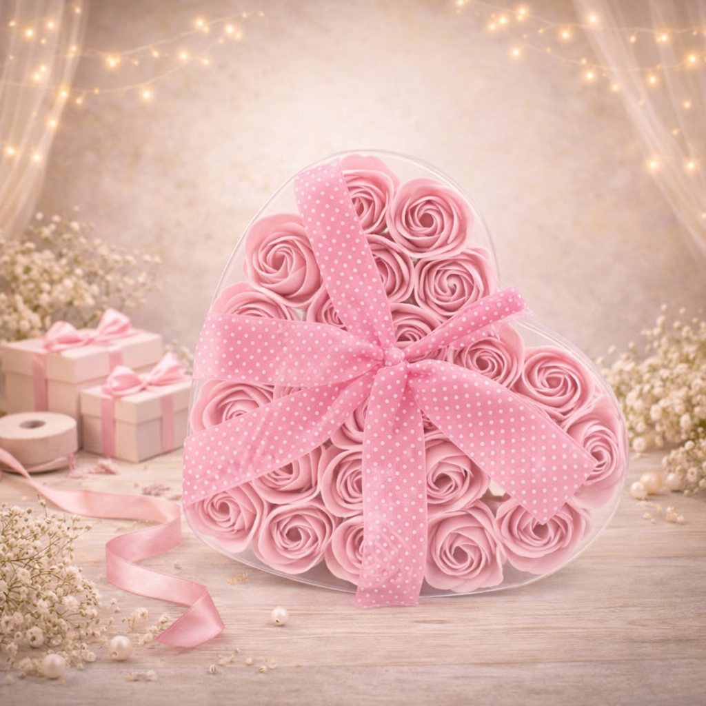 Set of 24 Soap Flower Heart Box - Pink Roses