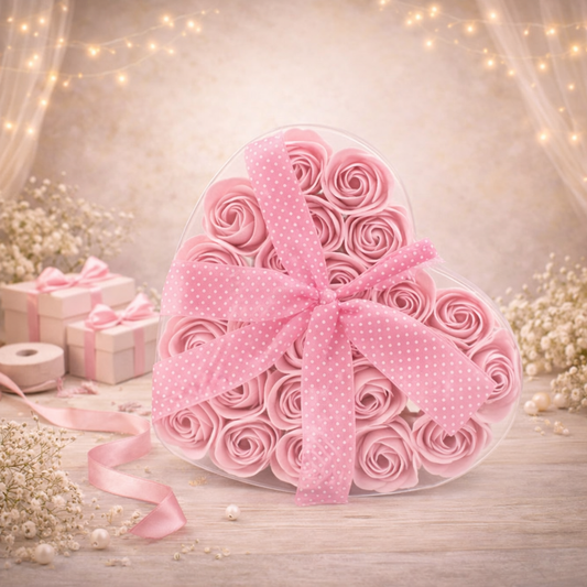 Set of 24 Soap Flower Heart Box - Pink Roses