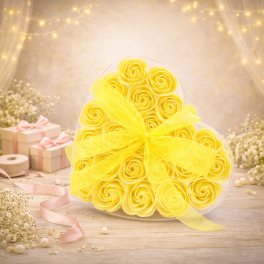 Set of 24 Soap Flower Heart Box - Yellow Roses