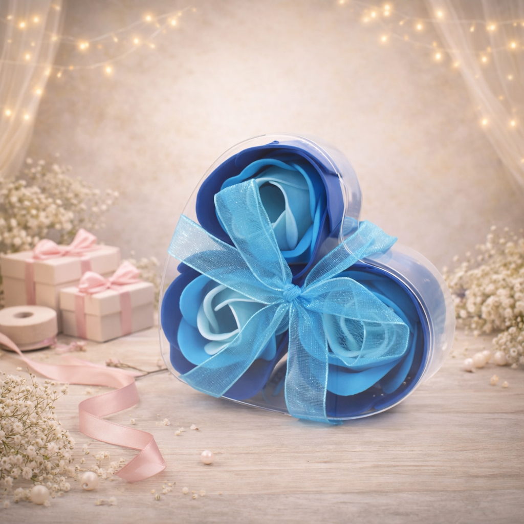 Set of 3 Soap Flower Heart Box - Blue Wedding Roses