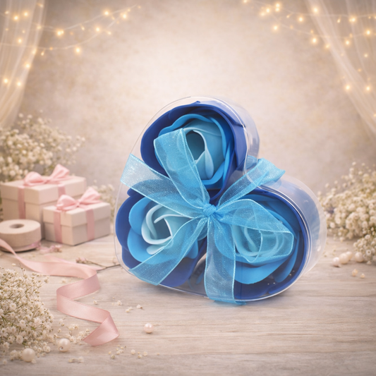 Set of 3 Soap Flower Heart Box - Blue Wedding Roses