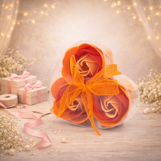 Set of 3 Soap Flower Heart Box - Peach Roses