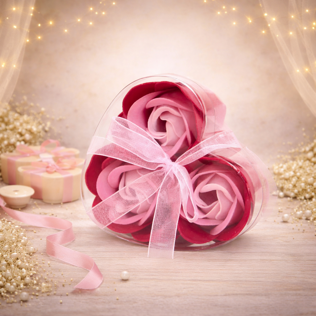 Set of 3 Soap Flower Heart Box - Pink Roses