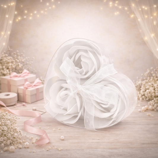 Set of 3 Soap Flower Heart Box - White