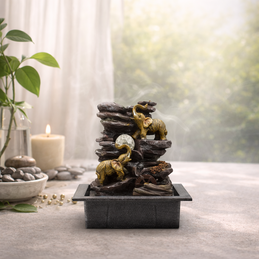 Tabletop Water Feature - 35cm - Elephants, Crystal Ball & Water Wheel