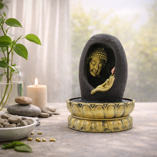 Tischwasserbrunnen – Goldener Buddha und Vitarka Mudra (30 cm)