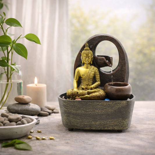 Tischbrunnen – 21,5 cm – Goldener Buddha &amp; Töpfe
