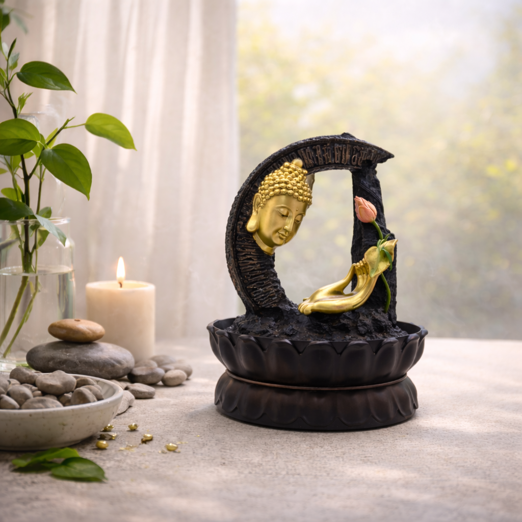 Tischbrunnen – Goldener Buddha &amp; Lotus (30 cm)