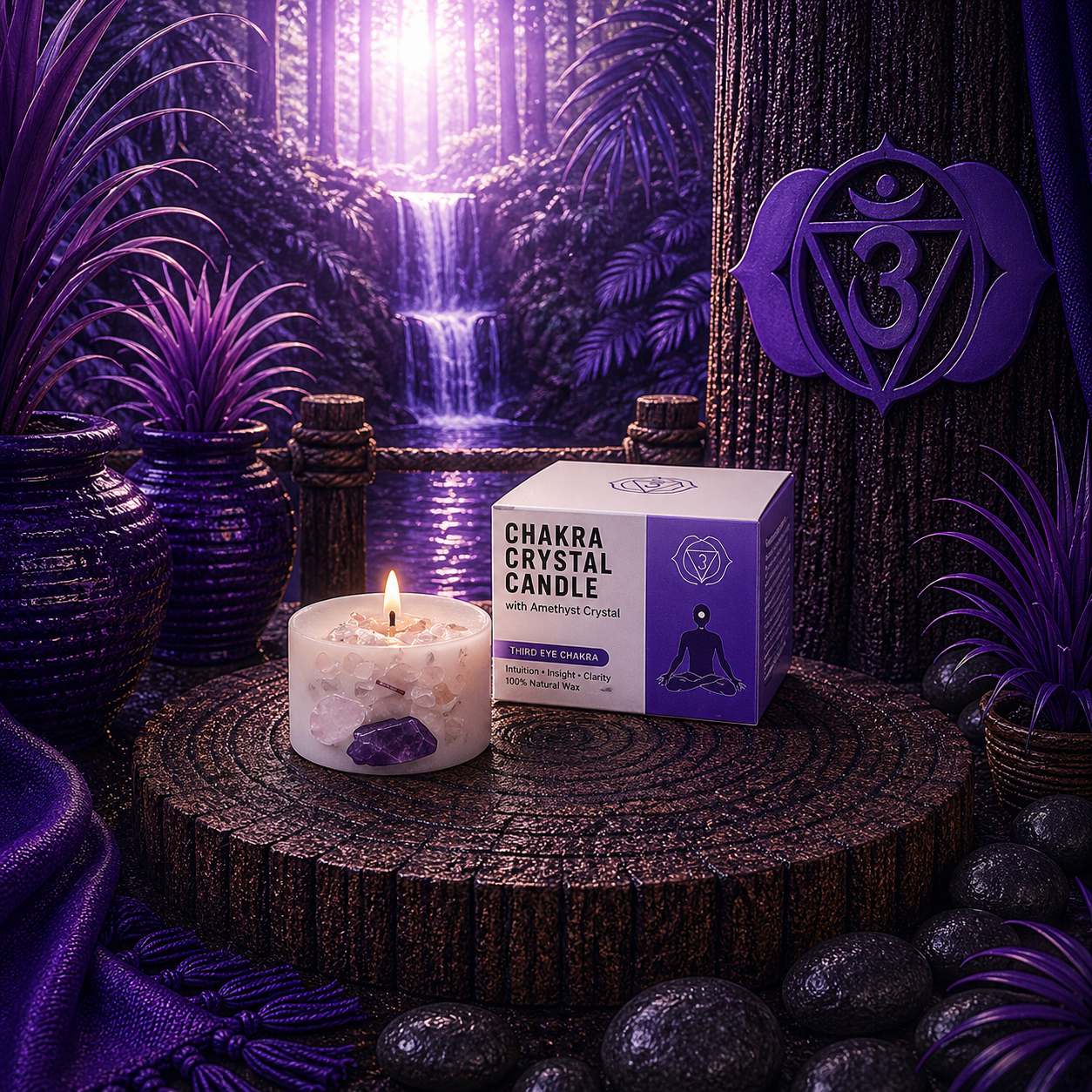 Third Eye Chakra Crystal Candle – Amethyst & Rose Quartz | Sweet Crystal Truth