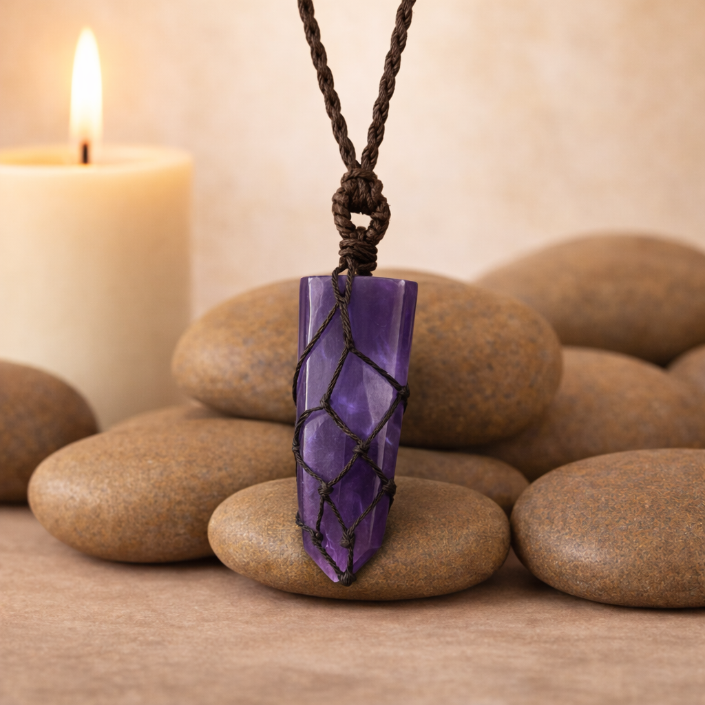 Laced Gemstone Flat Point Pendant – Amethyst