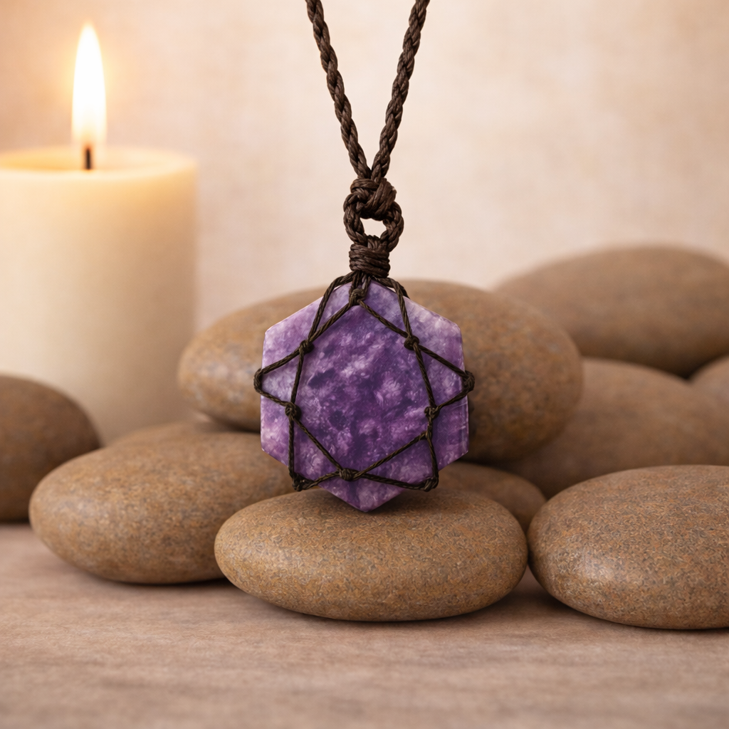 Laced Gemstone Hexagon Pendant – Lepidolite