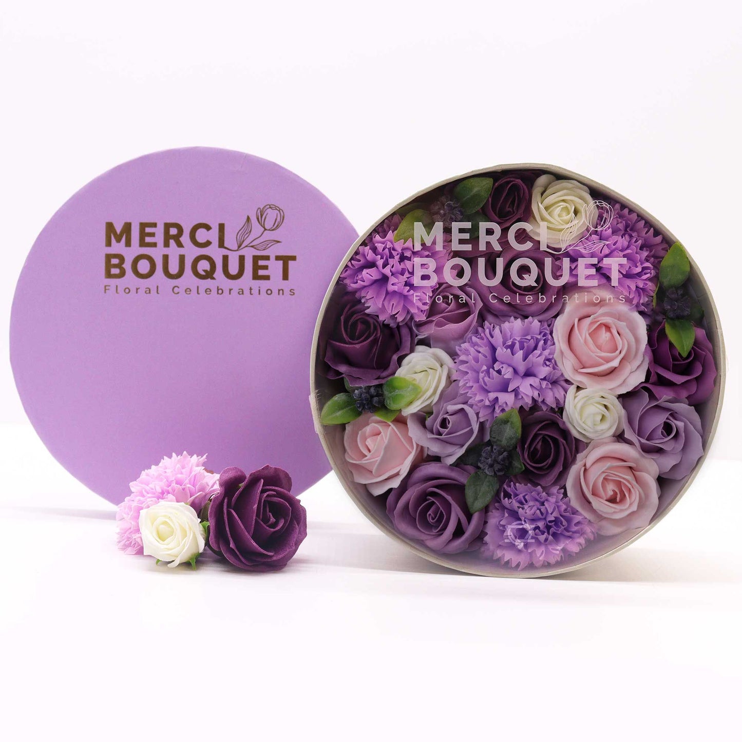 Runde Schachtel – Lavendelrose &amp; Nelke