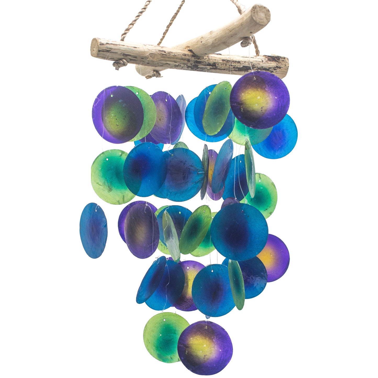 Handmade Driftwood Cross Chime – Capiz Glass | Green & Purple