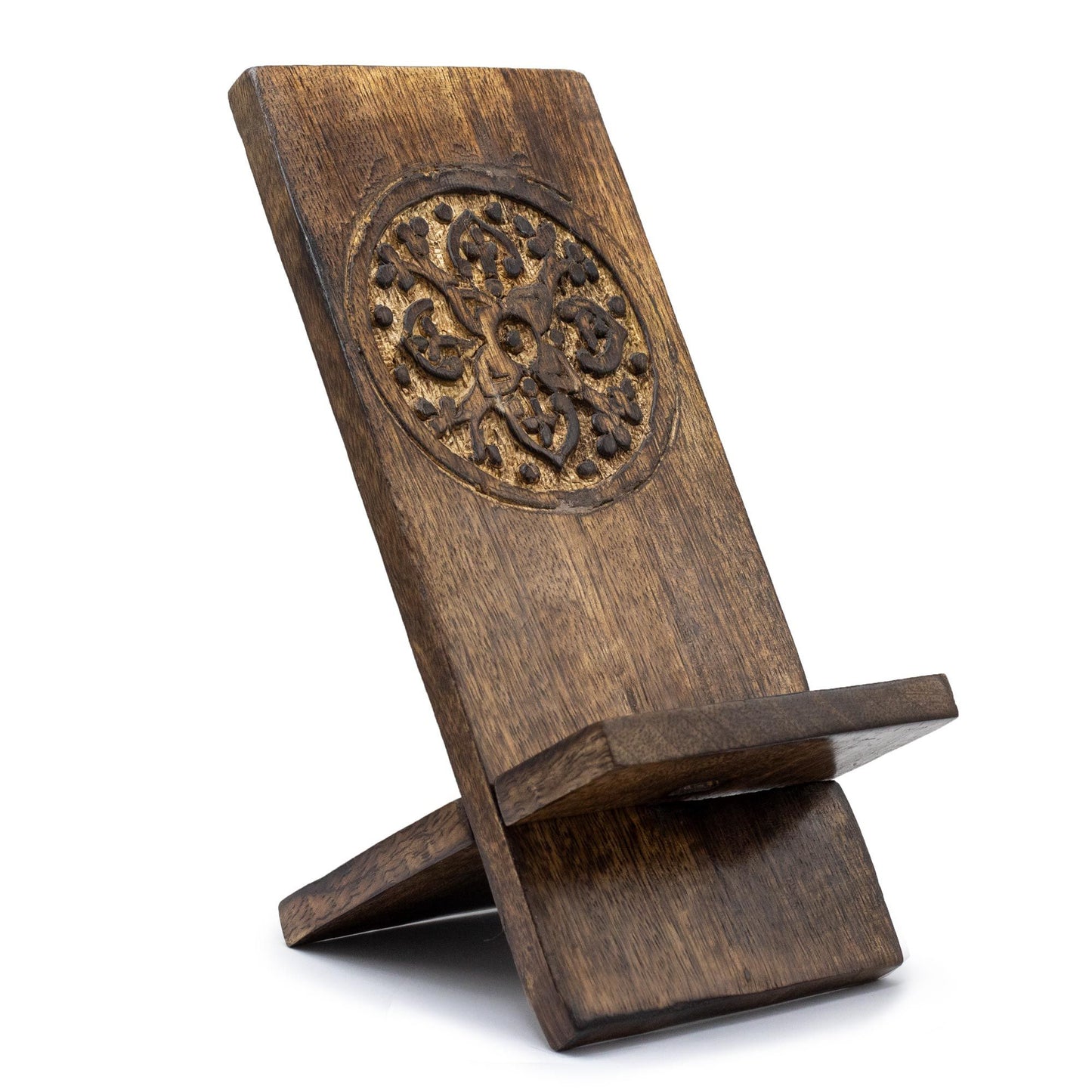 Geschnitzte Handyhalterung aus Holz – Mandala 20 x 9,5 cm