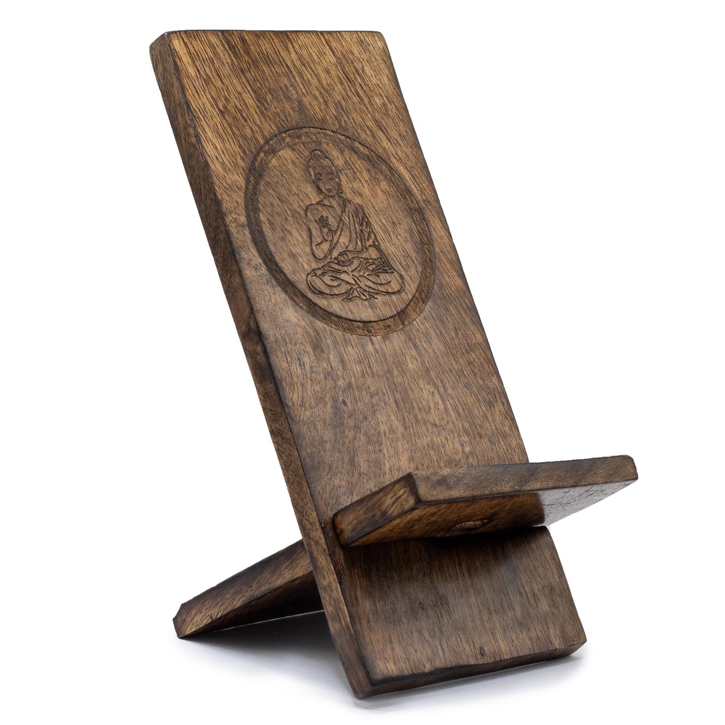 Handgefertigter Handyhalter aus Holz – Buddha-Design (ca. 20 x 9,5 cm)