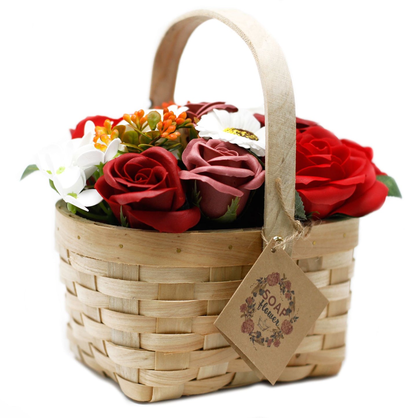 Großer roter Blumenstrauß im Weidenkorb