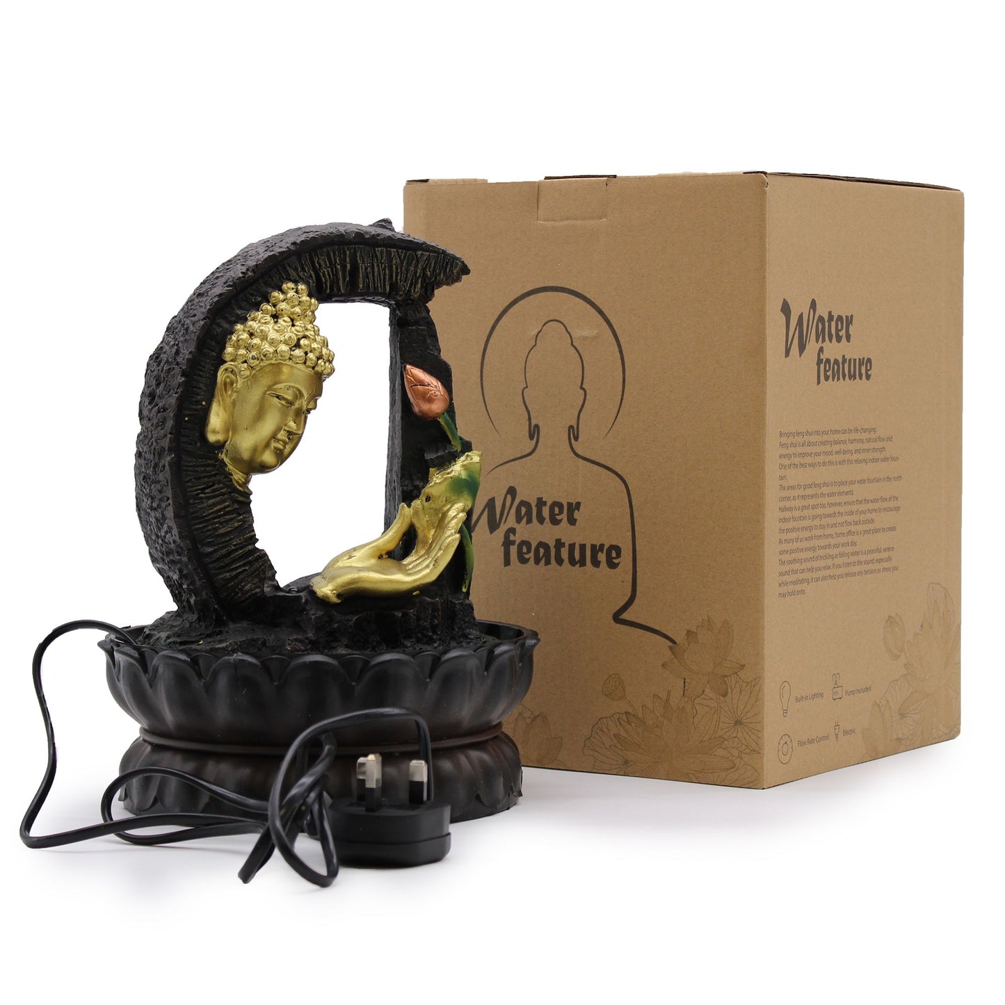 Tischbrunnen – Goldener Buddha &amp; Lotus (30 cm)