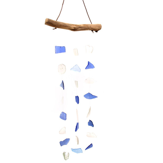 Handgefertigtes Windspiel aus Glas und Treibholz – Baumfall | Blau &amp; Weiß